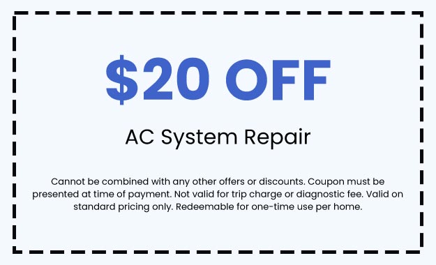 $20 off coupon for AC system repair from North Point Air Conditioning & Heating, featuring terms and conditions for redemption.